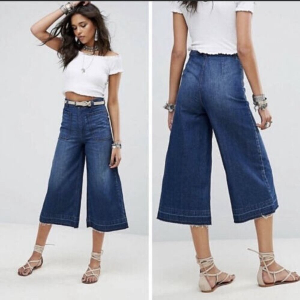 WE THE FREE PEOPLE Cropped Wide Leg‎ Jeans 26 Dawn to Dusk High Rise Denim Blue